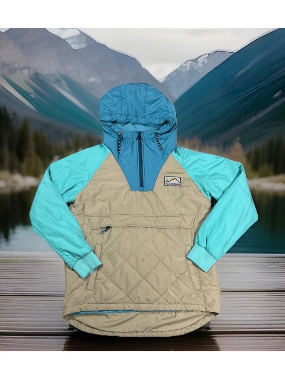 Passenger Jacket Recycled Tan & Teal SZ Small Made To Roam Hooded Kangaroo 1/4